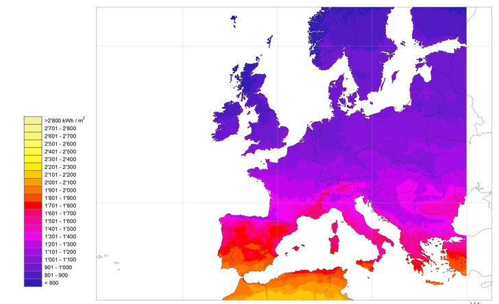 Global Irradiation maps like this are the base of PV power generation. - © Meteotest
