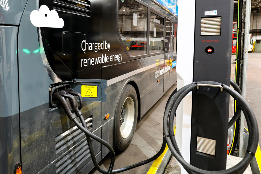 BYD ADL electric double-decker charging on 100% renewables.