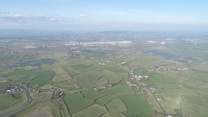 Full areal view of Llanwern, UK`s largest solar farm.