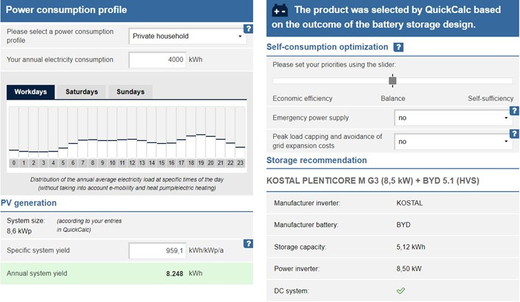 The softwarte QuickCalc provides an electricity storage design based on generation and load profile and taking into account individual customer requirements.