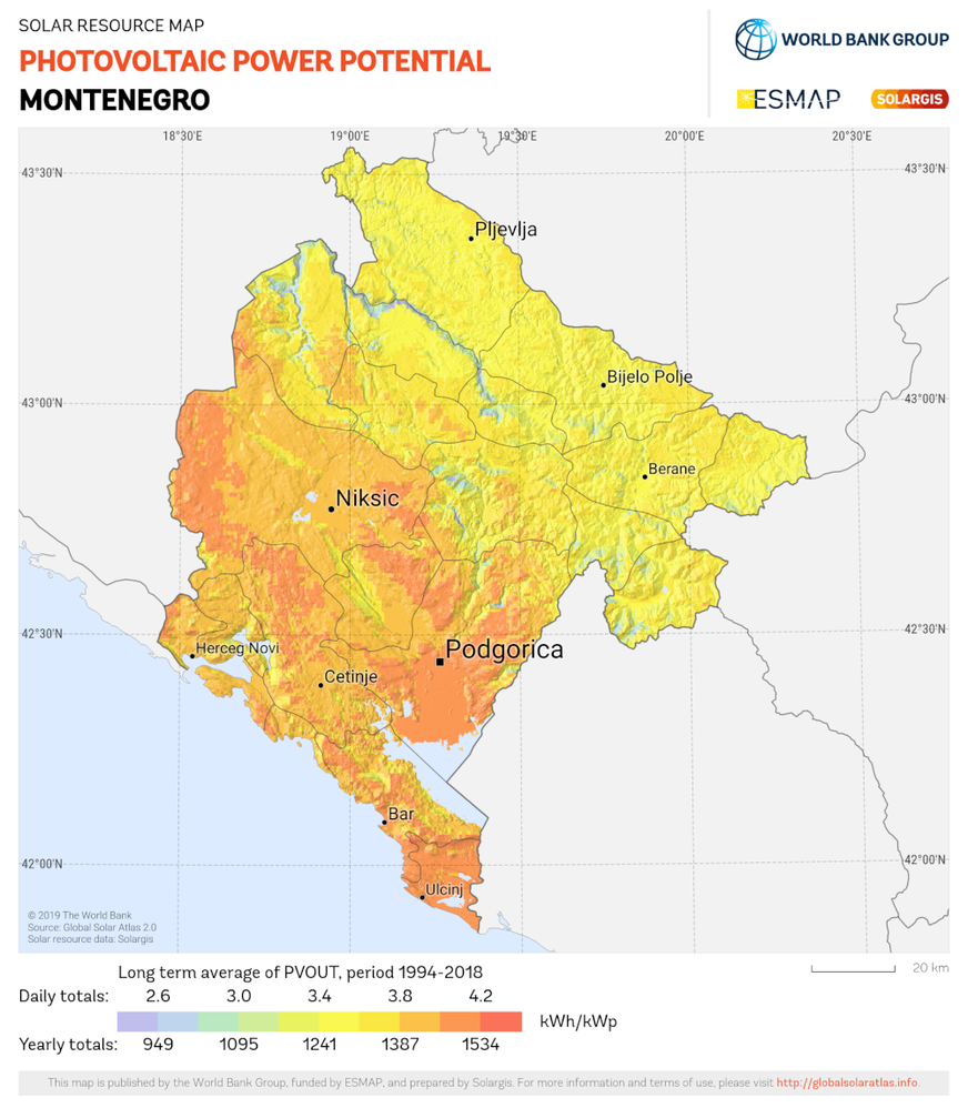 Montenegro has a very high photovoltaic power potential.