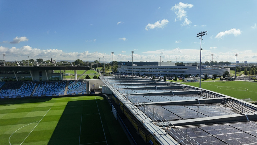 Jinko Solar modules on one of the rooftops of Manchester City Football Academy.