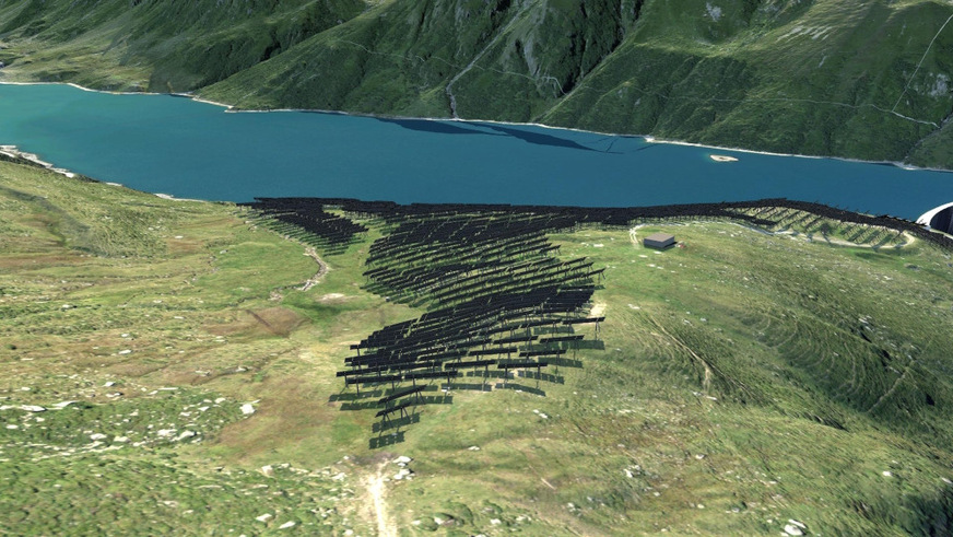 Visualized aerial view of the Swiss alpine solar park.