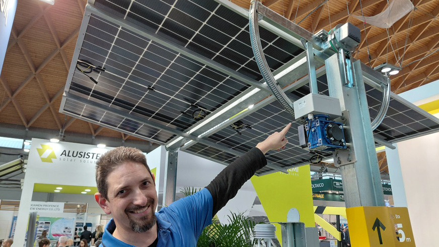 Tracker manufacturers were strongly represented in Rimini; pictured: Eliav Rodman of Solargik