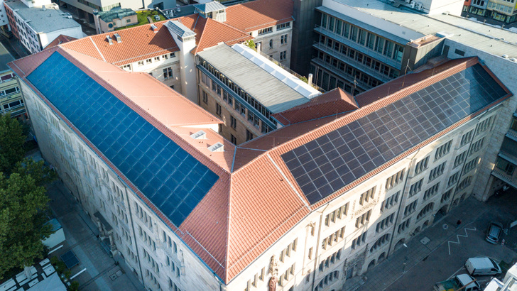 The City Hall of Stuttgart is covered with 282 solar panels, which replaced part of the roof cladding.  - © Aleo Solar GmbH