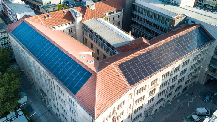 The City Hall of Stuttgart is covered with 282 solar panels, which replaced part of the roof cladding. 