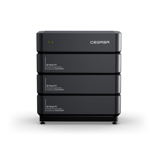 Black Cegasa E-Scal HV energy storage system with three stacked units, viewed from the front. - © CEGASA Black Cegasa E-Scal HV energy storage system with three stacked units, viewed from the front. - © CEGASA