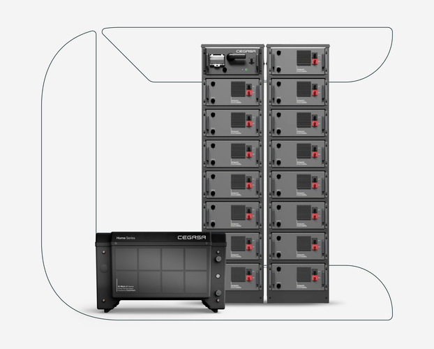 Two black battery storage units, one large and one small, with multiple labeled compartments, on a gray background. - © CEGASA Two black battery storage units, one large and one small, with multiple labeled compartments, on a gray background. - © CEGASA