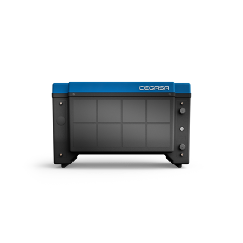 Rectangular black battery unit with blue top, labeled "CEGASA," showing control knobs and display panel. - © CEGASA Rectangular black battery unit with blue top, labeled "CEGASA," showing control knobs and display panel. - © CEGASA