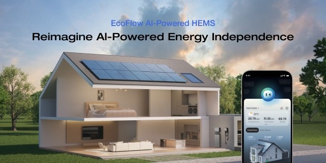 A smart home with solar panels and an energy management app displayed on a smartphone in the foreground. - © EcoFlow