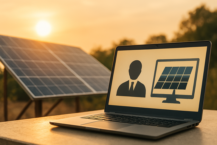 Ein Laptop mit einer Solarzellengrafik auf dem Bildschirm, mit echten Solarzellen im Freien bei Sonnenuntergang im Hintergrund. - © Created with ChatGPT by MECS