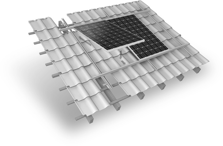 Ein auf einer Ziegeldachkonstruktion montiertes Solarmodul mit sichtbaren Montageschienen und Halterungen. - © K2 Systems - InsertionRail 2.0