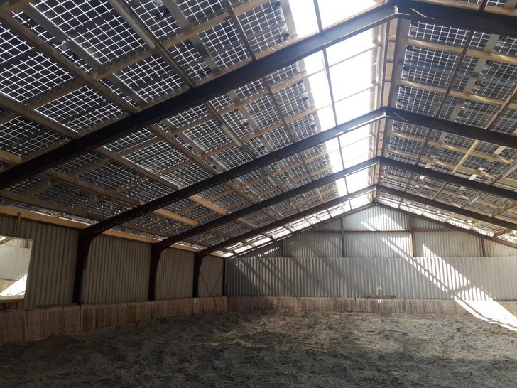 The semi-transparent modules as roofing allow sufficient daylight to enter the riding hall.