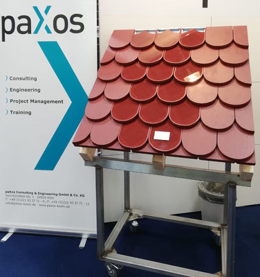 The MH solar roof tile in the form of a sample roof surface with fully functional prototypes.