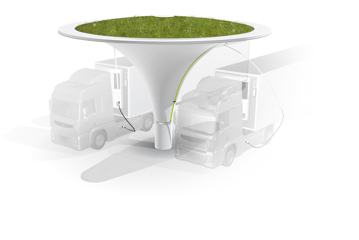 High enough and charging fast enough even for electric lorries, and also definitely not boring to look at, the SupraCharger is a striking addition to the urban landscape.