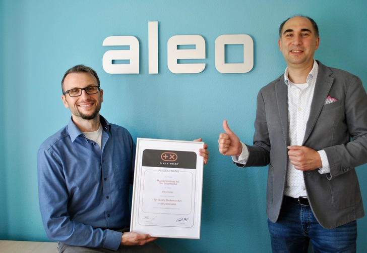 Aleo's Technical Manager Thomas Platzeck and Quality Manager Alexander Kasic are clearly delighted that the HE-Tec series has won the Plus X Award.