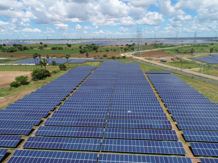The Pavagada solar park covers an area of 53 square kilometres or 7,420 football fields and generates a total output of around two gigawatts.