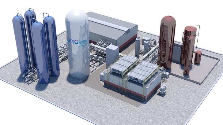 Graphical rendering of a liquid air energy storage system with stability island, including flywheel and (right) large-sized generator. - © Highview Power
