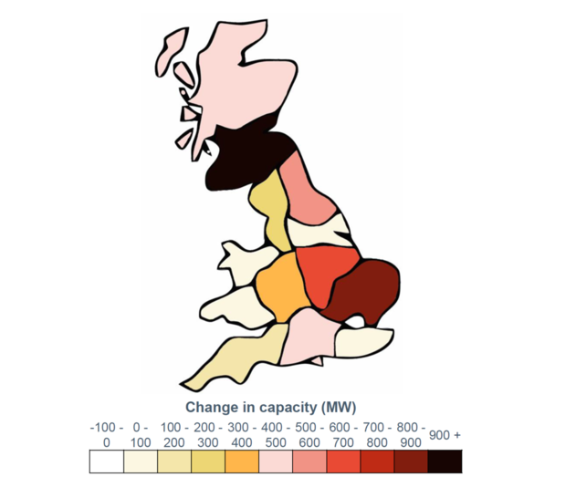 Change in pipeline capacity by DNO region
