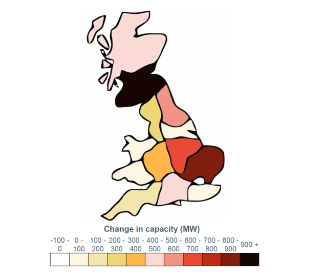 Change in pipeline capacity by DNO region - © Cornwall Insight
