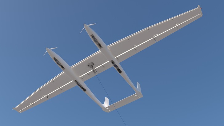 The device has a 12-metre wingspan and is connected to the generator by an ultra-strong tether.