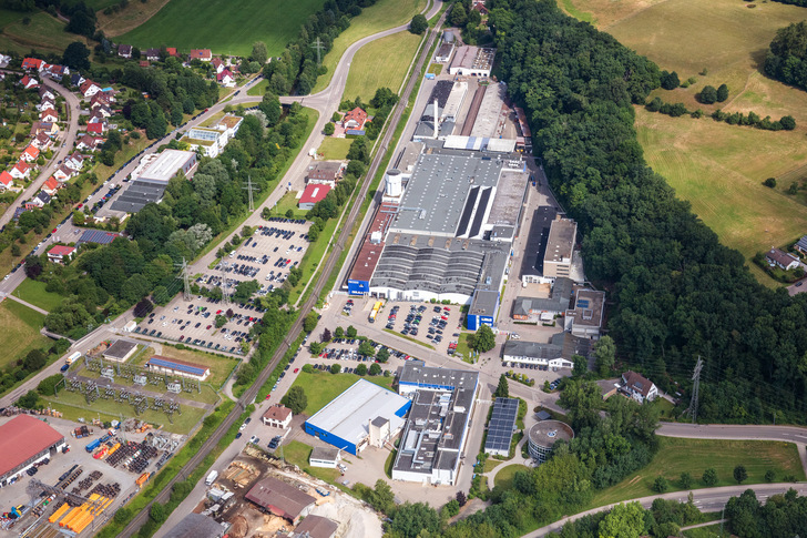 The company headquarters of Varta AG seen from the air.