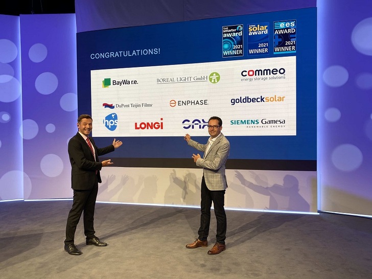 The award ceremony for The smarter E Award 2021, the Intersolar Award 2021 and the ees Award 2021 was held online as part of The smarter E Industry Days from July 21 to 23, 2021. - © Solar Promotion
