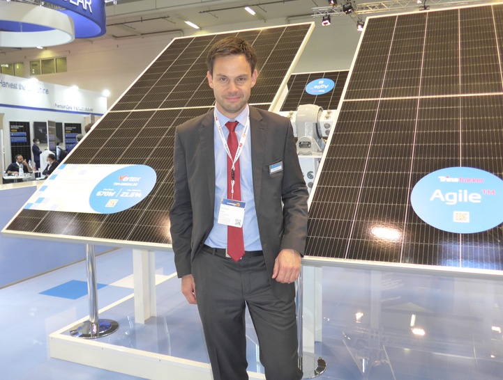 Michael Katz from Trina Solar Europe in front of the 670 Watt Vertex solar modules combined with Trina Tracker systems at The smarter E Europe Restart 2021 last week in Munich. - © H.C. Neidlein
