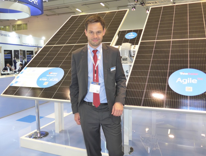 Michael Katz from Trina Solar Europe in front of the 670 Watt Vertex solar modules combined with Trina Tracker systems at The smarter E Europe Restart 2021 last week in Munich.