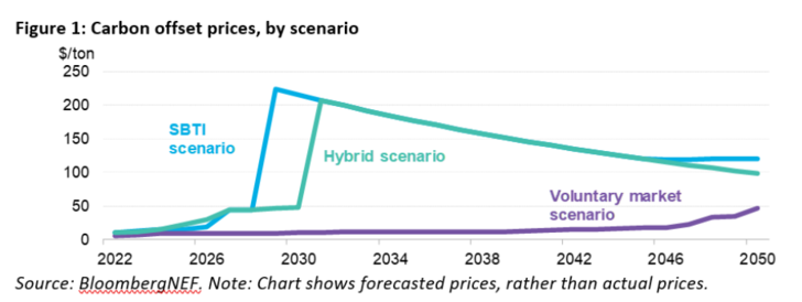 Different scenarios for carbon offset prices. - © BNEF
