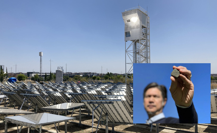 The mirrors focus the sunlight, creating 1,500 degrees Celsius in the receiver. Small picture: solar-produced cement clinker.