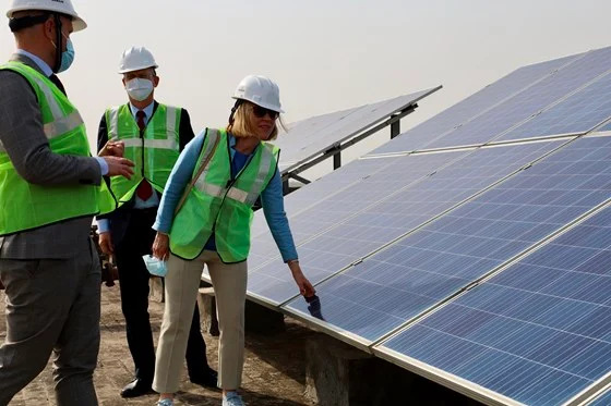 Norwegian Minister of Foreign Affairs Anniken Huitfeldt during a visit of solar park.