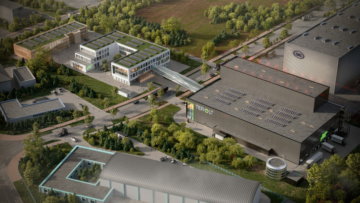 This is what the new Gigafactory in Lutherstadt Wittenberg will look like. The research and development building will be connected to the production building by an enclosed walkway.