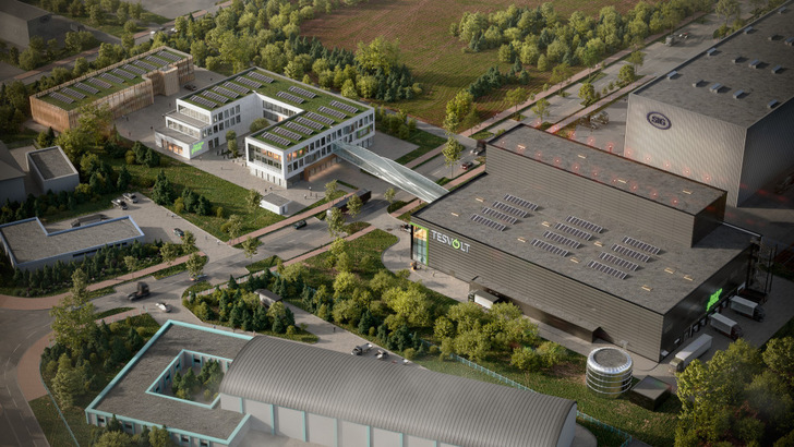 This is what the new Gigafactory in Lutherstadt Wittenberg will look like. The research and development building will be connected to the production building by an enclosed walkway. - © Tesvolt
