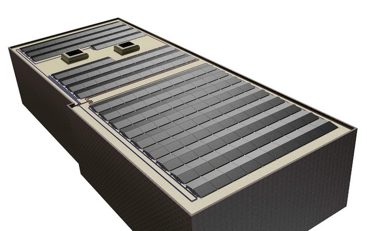 The roof is covered with solar panels and PVT modules.