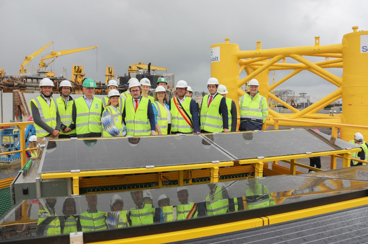 Belgian Deputy Prime Minister and Minister of Justice and the North Sea, Vincent Van Quickenborne, State Secretary for Science Policy, Thomas Dermine, and Mayor of Ostend, Bart Tommelein, visited the shipyard on July 19, 2023, together with partners, contractors and port officials. - © SeaVolt
