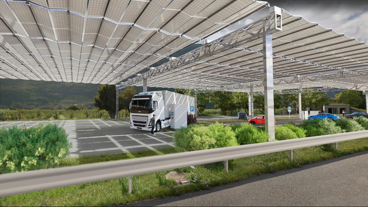 The project partners have already simulated what the solar folding roof at the Ardon South service station on the A9 in the Canton of Valais will look like. - © DHP Technology
