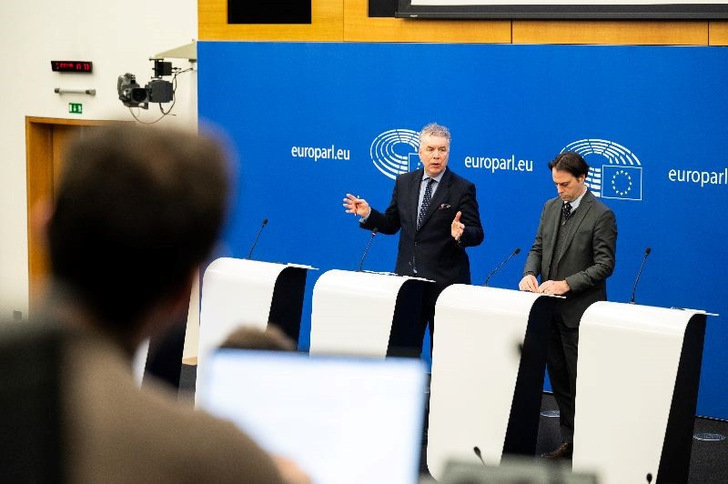 Lead MEP on the NZIA, Christian Ehler addresses the press conference at European Parliament in Strasbourg on 6th February 2024.