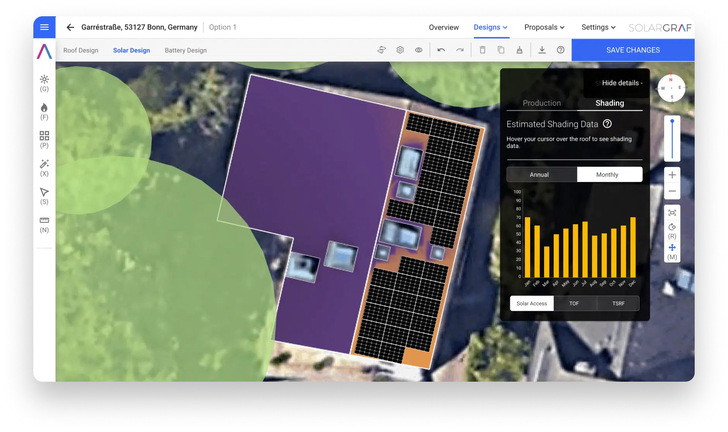 Solar panel layout on a rooftop design interface showing shading data and solar production chart in a software application. - © Enphase
