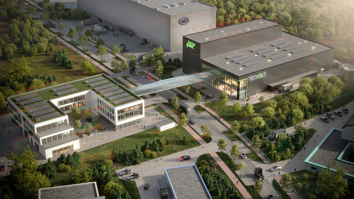 Visualisation of the planned battery factory and research and development centre. - © Tesvolt
