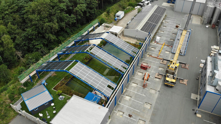 A crane lifted the tubular steel base frame onto the edge of the basin.