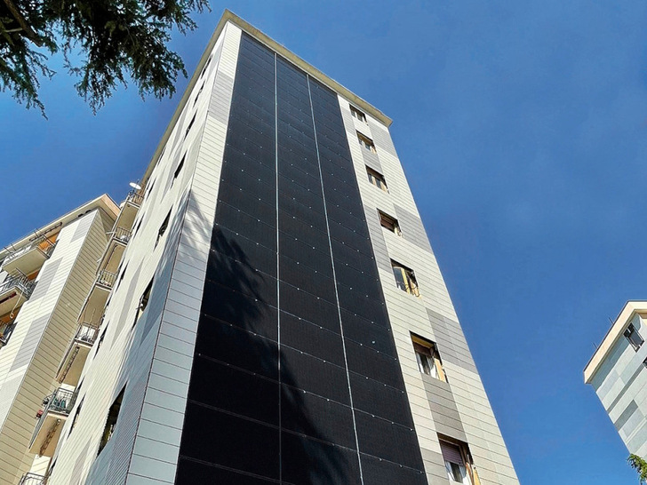 PV facade installation integrated into a city-centre building in Copenhagen, Denmark