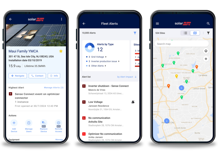 Three smartphones display solar monitoring app interfaces with alerts, stats, and a map view. - © SolarEdge