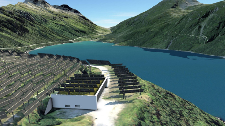 The NalpSolar plant in Tujetsch/Switzerland will be next to a reservoir (visualization).