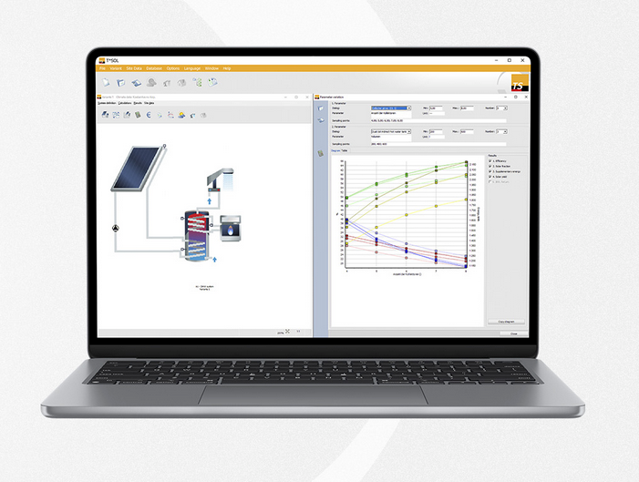 UsingT-Sol, it‘s possible to plan and dimension systems and collector arrays for maximum performance.