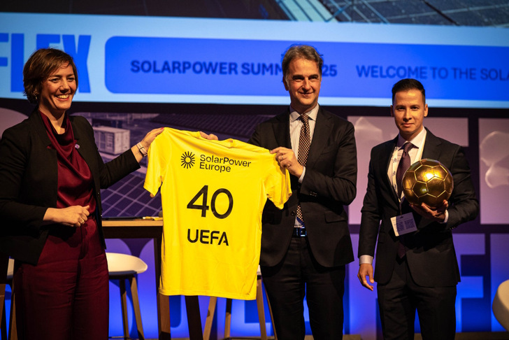 SolarPower Europe CEO Walburga Hemetsberger, UEFA Director Social & Environmental Sustainability Michele Uva, and SolarPower Europe Director Business Development Daniel Dang