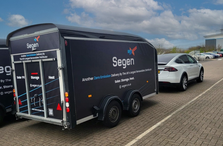 PV system components are transported in aerodynamically-designed pods (box trailers) pulled by electric SUVs to the solar installers.