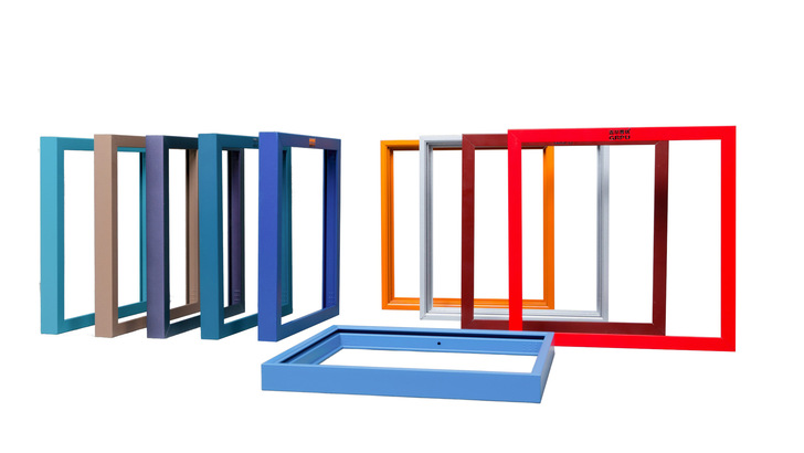 Ten colorful, rectangular window frames are standing and lying on a white background. - © Thornova Solar