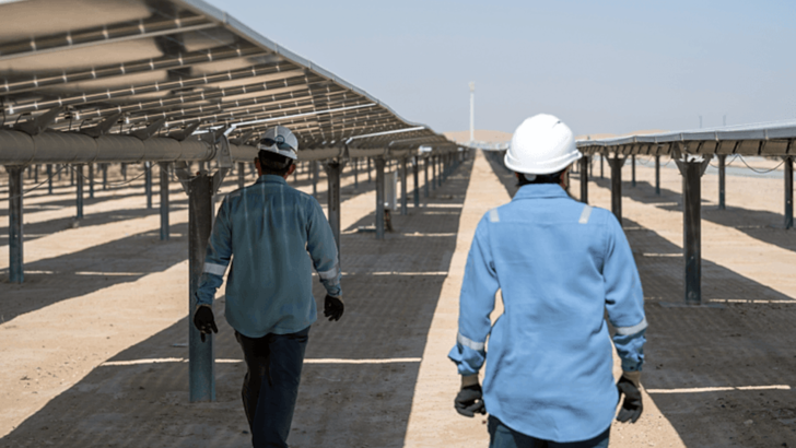 Long rows of solar trackers line the sand at a large-scale PV installation near Dubai.