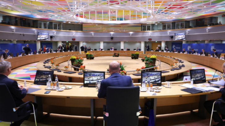 A round table inside the EU Commission plenary hall in Brussels